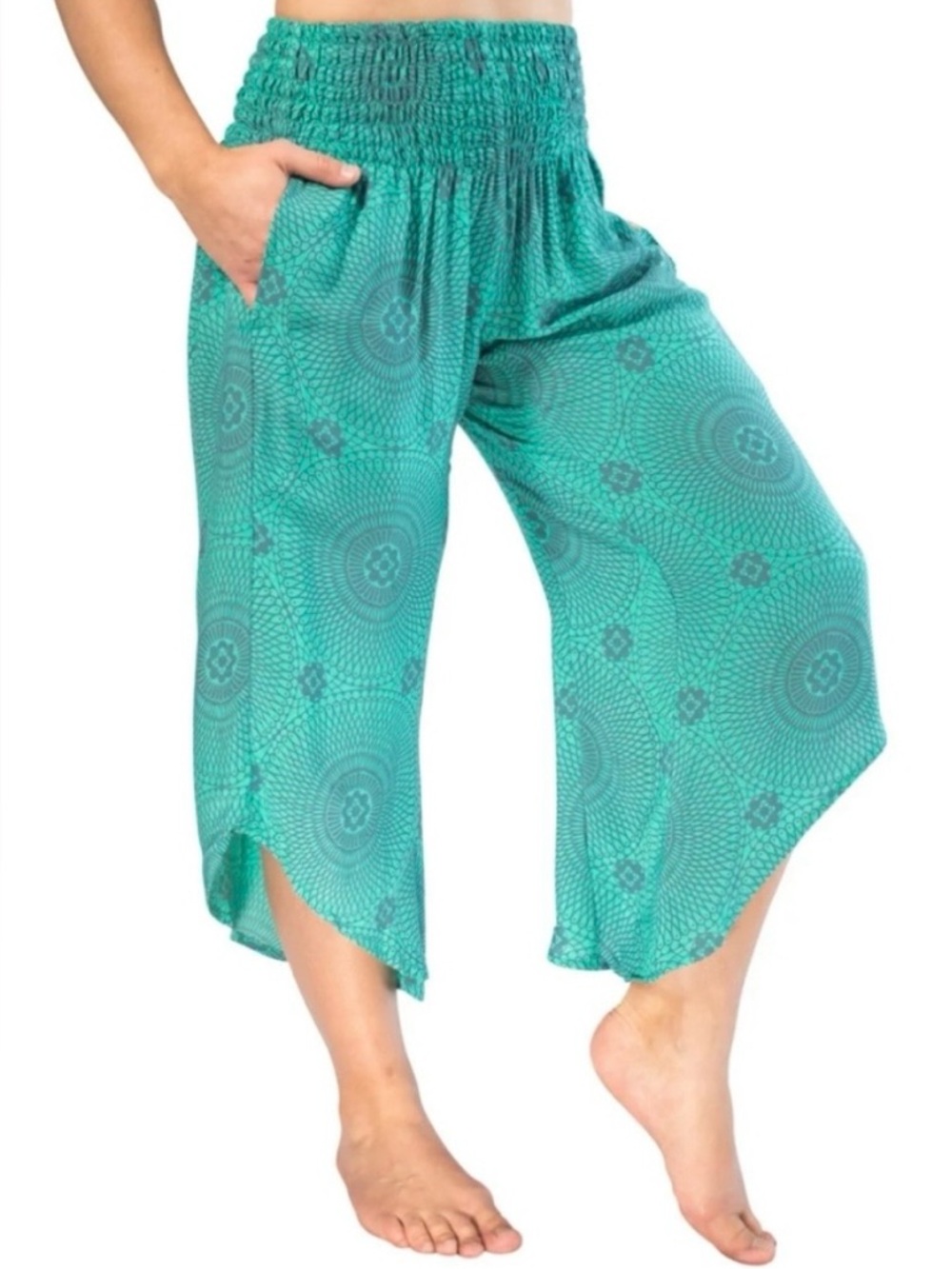 Paradise Island Piyoga Teal Printed Harem Smocked-Waist Wide Leg Capris 0-12